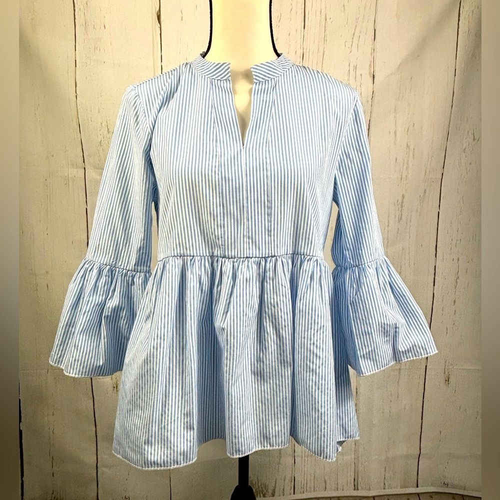 Koton Blouse Shirt Blue White Striped Flounce Sleeve Flared Bottom - Picture 3 of 10